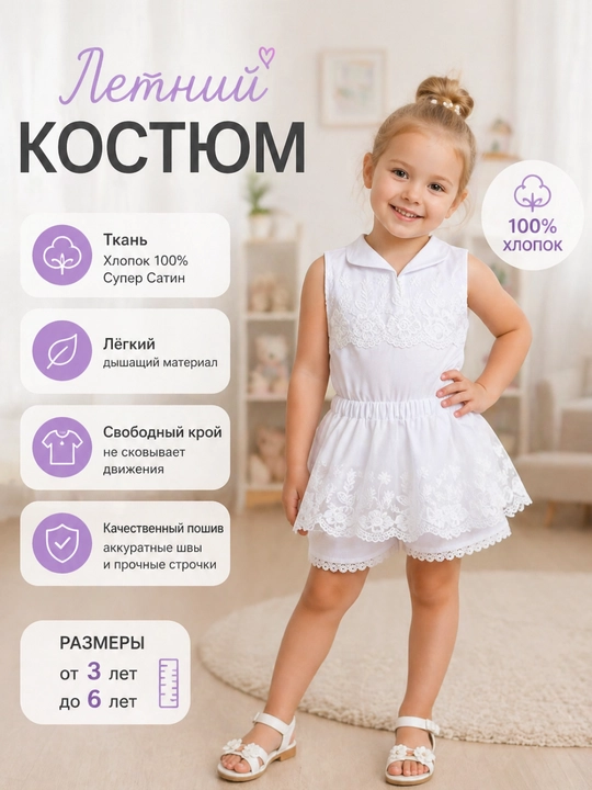 Летний комплект для девочки: кофточка с кружевом и юбка-шорты, 3–6 лет - 