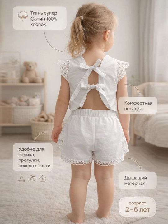 Летний комплект для девочки: кофточка с кружевом и юбка-шорты, 3–6 лет