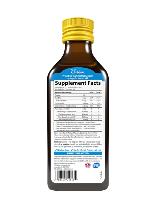 Carlson, The Very Finest Fish Oil, рыбий жир для детей, Омега 3, вкус лимона, 200 мл, США