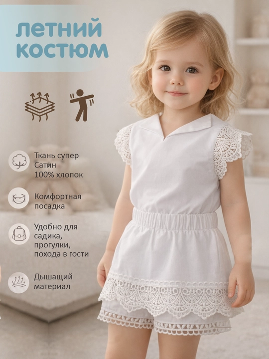 Летний комплект для девочки: кофточка с кружевом и юбка-шорты, 3–6 лет