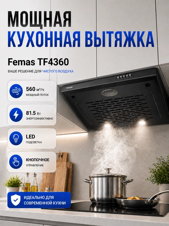 Oshxona uchun dudburon Femas TF4360, LED yoritish, 120 mm - 