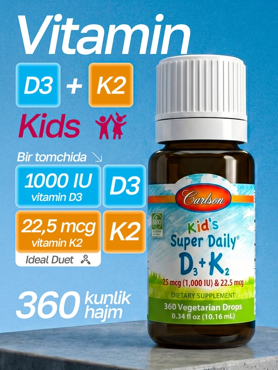 Carlson, Kid's Super Daily D3 + K2, bolalar uchun vitamin D3, 1000 IU, 10.16 ml, AQSH - 