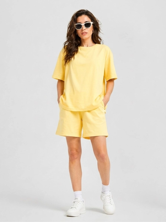 Ayollar uchun futbolka va shortik to‘plam oversize 100% paxta sela bahor-yoz kundalik