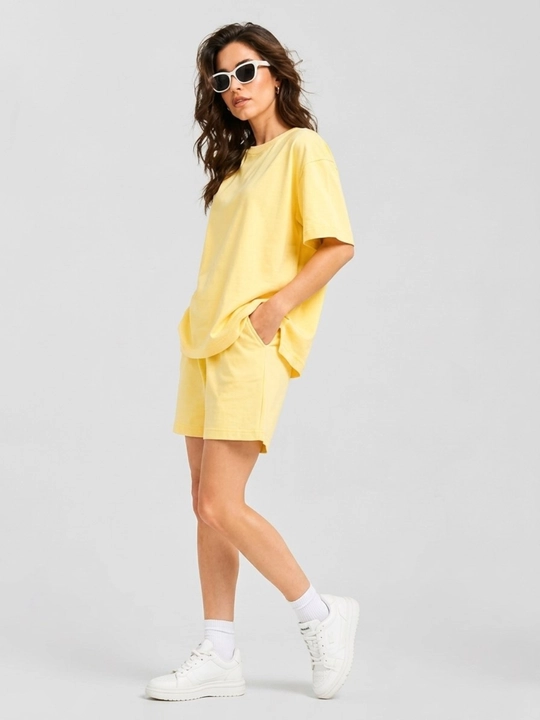 Ayollar uchun futbolka va shortik to‘plam oversize 100% paxta sela bahor-yoz kundalik