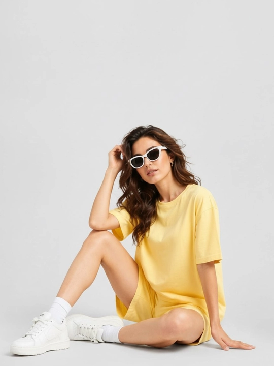 Ayollar uchun futbolka va shortik to‘plam oversize 100% paxta sela bahor-yoz kundalik