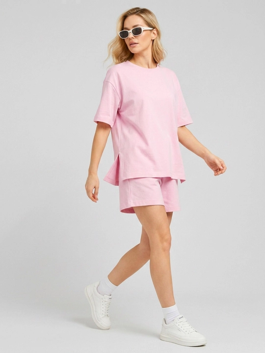 Ayollar uchun futbolka va shortik to‘plam oversize 100% paxta sela bahor-yoz kundalik