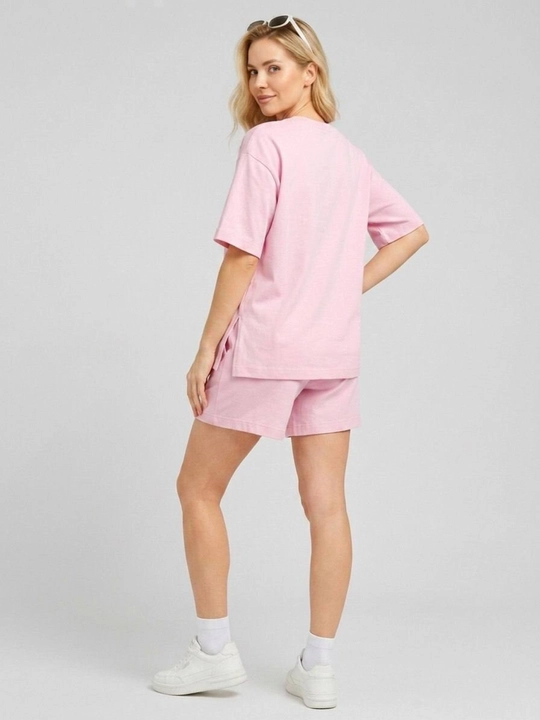 Ayollar uchun futbolka va shortik to‘plam oversize 100% paxta sela bahor-yoz kundalik