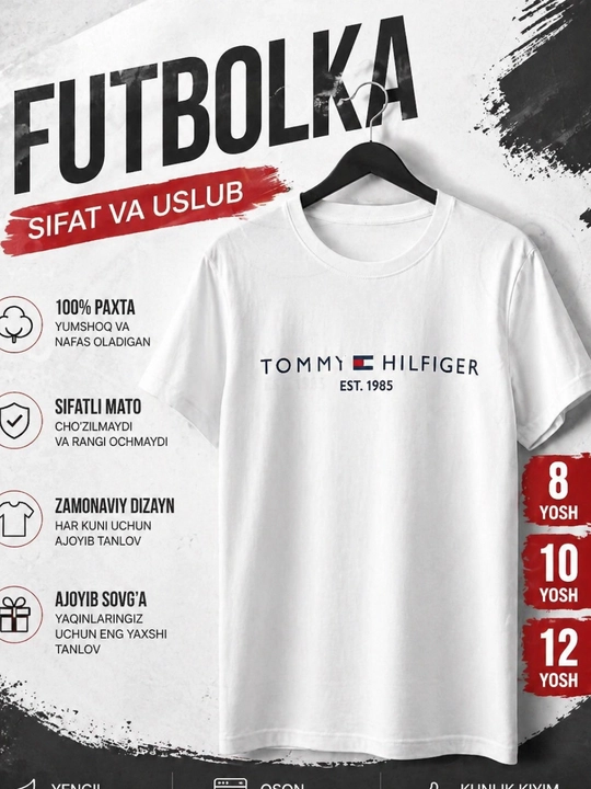 FUTBOLKA, O'gil Bolalar uchun futbolka, 100% paxta, o'lchamlari 8 yosh, 10 yosh, 12 yosh