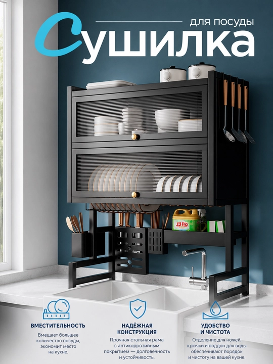 Сушилка для посуды настольная, белая/черная, 65–85 см, многоярусная, вместительная - 