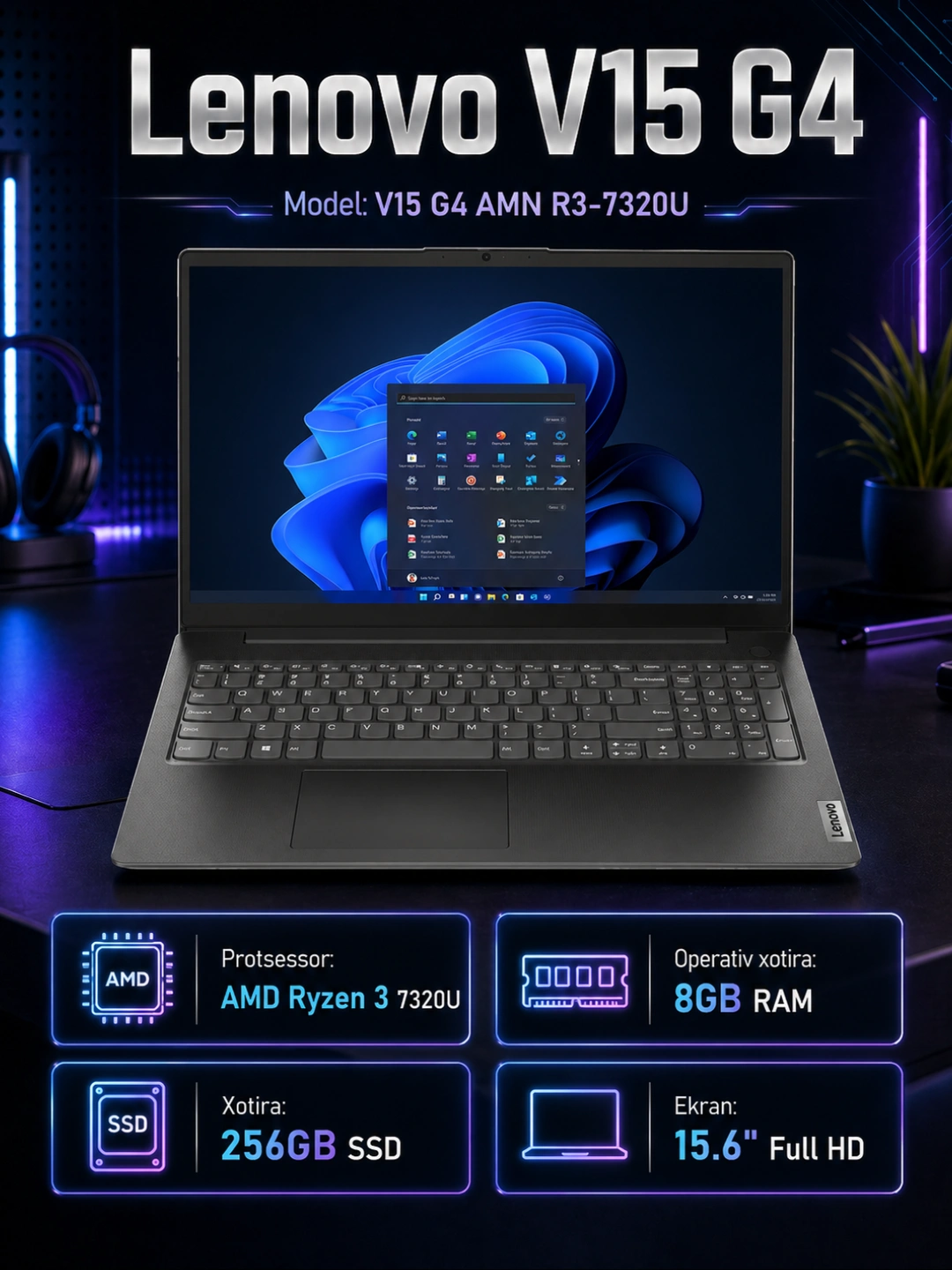 Ноутбук Lenovo V15 G4,AMD Ryzen 3 7320U,8ГБОЗУ,256ГБ SSD,15.6"Full HD экран,гарантия 1 год за 4999000 сум со скидкой 47%. Uzum Market