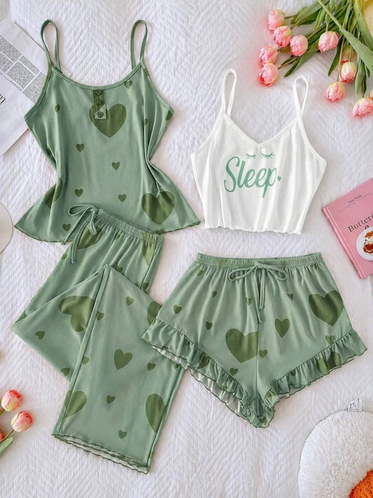 Pijamaayollar uchun, yumshoq pijama to‘plami, 4 qismli mayka, top, shortik va shim - 