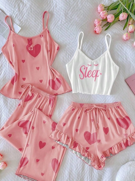 Pijamaayollar uchun, yumshoq pijama to‘plami, 4 qismli mayka, top, shortik va shim - 