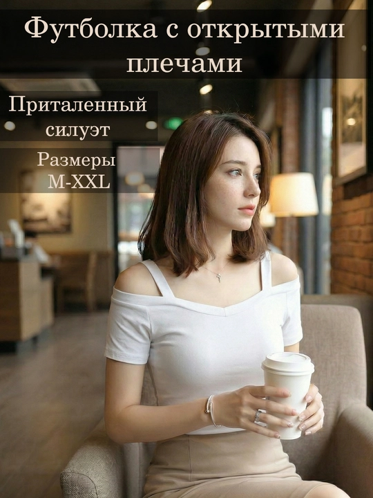 Футболка с открытыми плечами, 2 цвета (белый, черный), размеры M-XXL - 