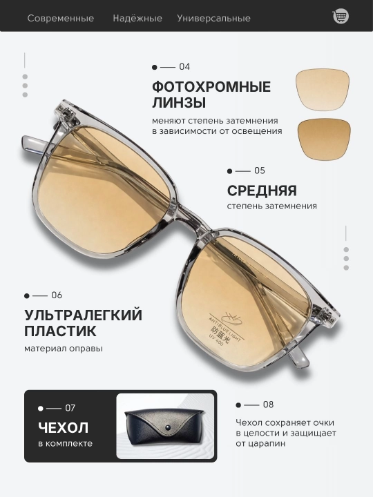 Очки солнцезащитные фотохромные с поляризацией, унисекс, стеклянные линзы