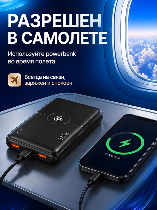 Delone 10000mAh Power Bank – 22.5W быстрая зарядка, Type-C, LED