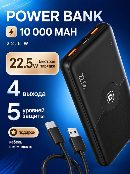 Delone 10000mAh PowerBank – 22.5W Fast Charge,Type-C,LED - 