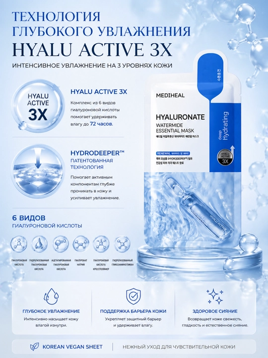 MEDIHEAL Hyaluronate Watermide Essential Mask mato niqobi, 72 soat davomida namlanadi