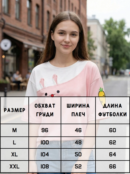 Футболка оверсайз с асимметричным принтом "заяц", три цвета, размеры M-XXL