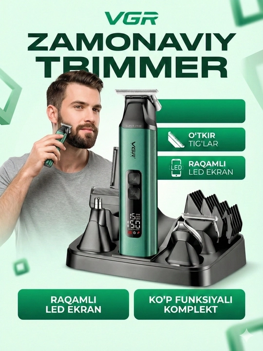 VGR Professional simsiz soch va soqol olish kesish mashinkasi, LCD displeyli VGR trimmeri