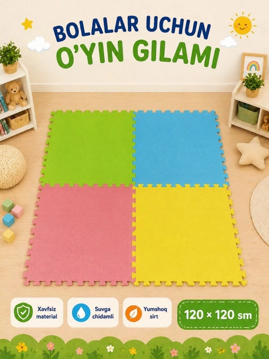 120×120 sm o‘lchamli EVA bolalar o‘yin gilami, yumshoq pol qoplamasi