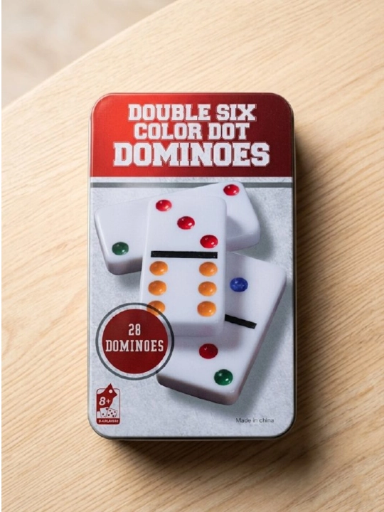 Rangli nuqtalar bilan bezatilgan DOUBLE COLOR DOT domino stol o‘yini, metall g‘ilofda 28 ta fishka