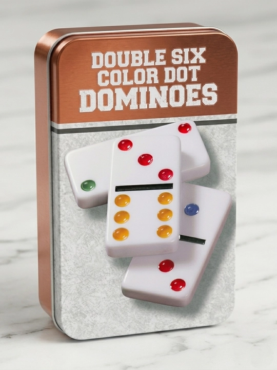 Rangli nuqtalar bilan bezatilgan DOUBLE COLOR DOT domino stol o‘yini, metall g‘ilofda 28 ta fishka