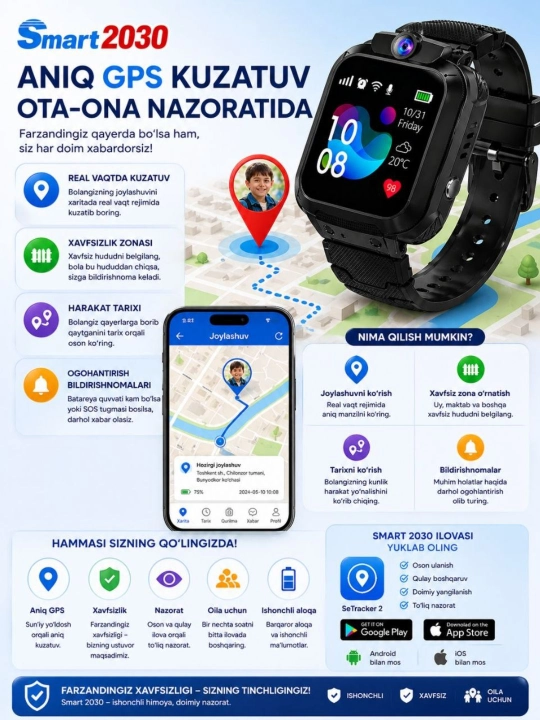 Bolalar smart soati, SIM kartada ishlaydi, ilova orqali masofadan boshqarish