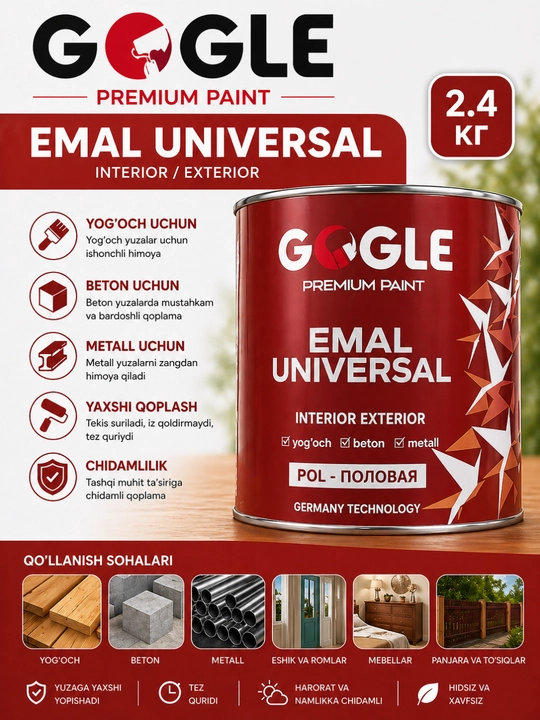 Эмалевая краска 2,4 кг, универсальная для внутренних и наружных работ, GOGGLE Premium Paint - 