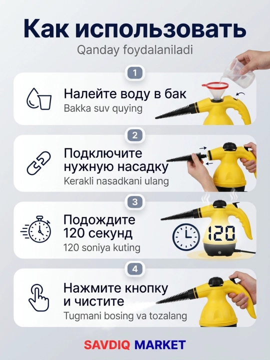 Парогенератор для уборки дома с насадками, паровой очиститель для мебели, кухни и авто