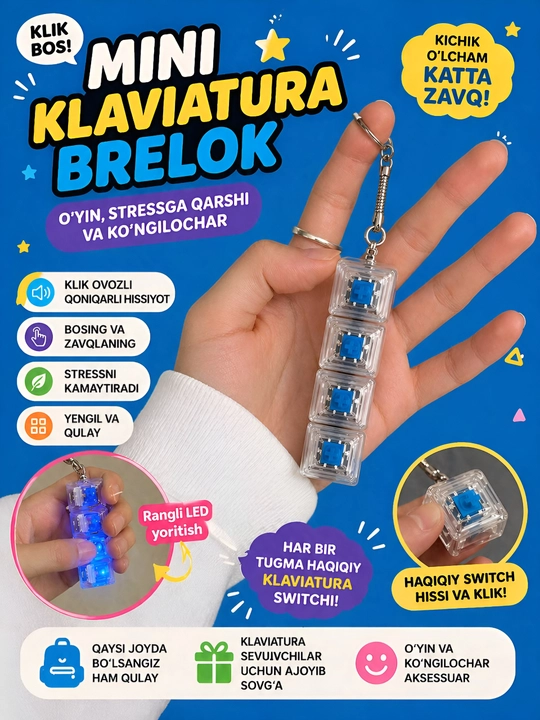 Yoritgichli antistress switch klaviatura-brelok — stressni kamaytirish uchun gadjet