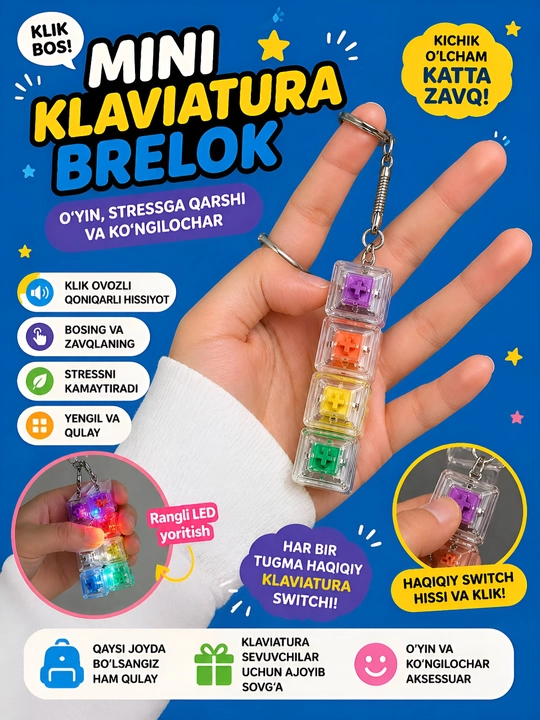 Yoritgichli antistress switch klaviatura-brelok — stressni kamaytirish uchun gadjet