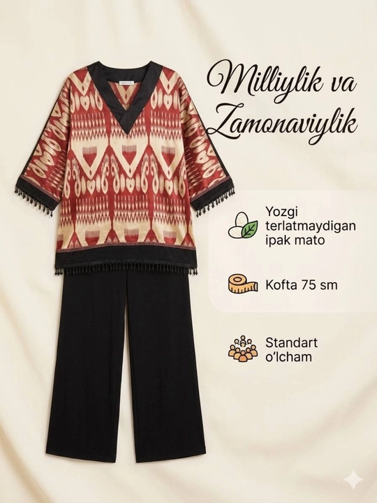 Milliy ikkilik, yozgi libos, yozgi muzdek mato, millik kofta va shim, kundalik ikkilik