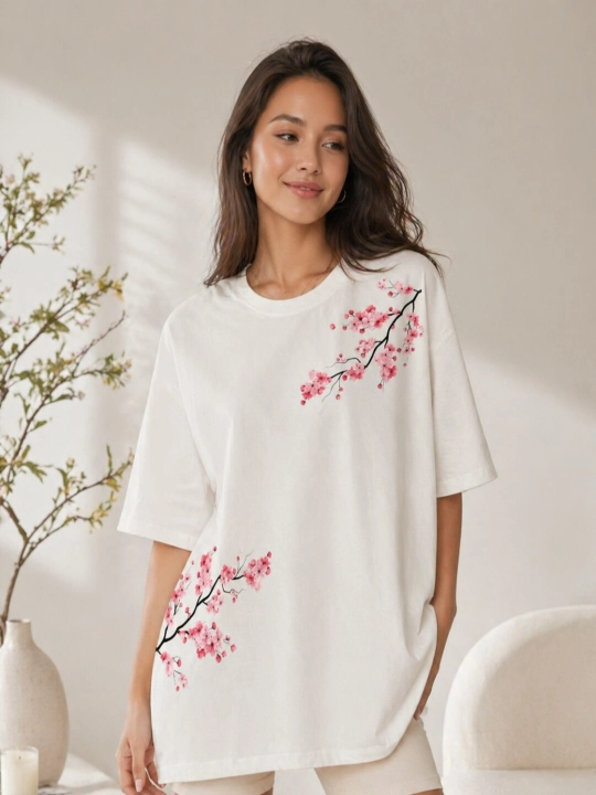 Oversize futbolka ayollar uchun, Sakura gulli printli, paxta, qulay fason