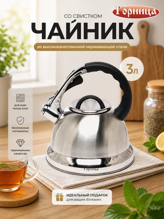 Чайник Горница из нержавеющей стали, со свистком, 3 литра - 