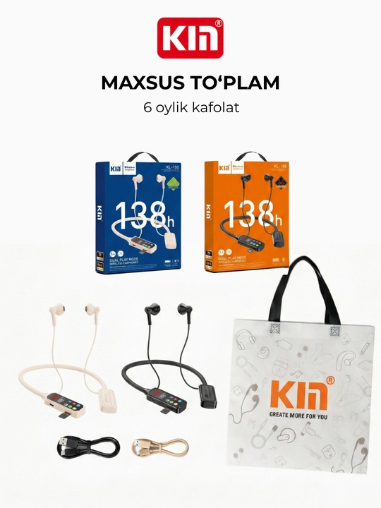 Simsiz quloqchin KIN KL100 Bluetooth 5.4 1100 mAh ENC mikrofon bo'yinbog' dizayn naushnik