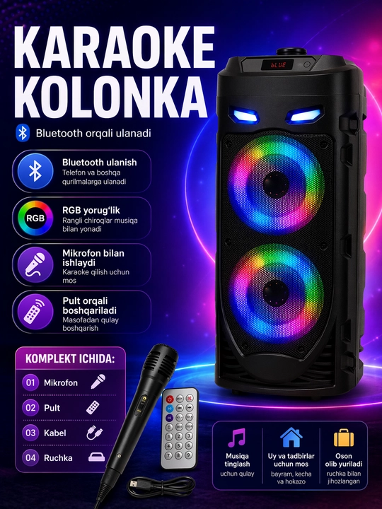 Katta Bluetooth simsiz kolonka, karaoke, RGB yoritish, mikrofon va pult bilan