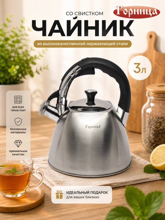 Чайник Горница квадратной формы, из нержавеющий стали, объемом 3,0 литра - 