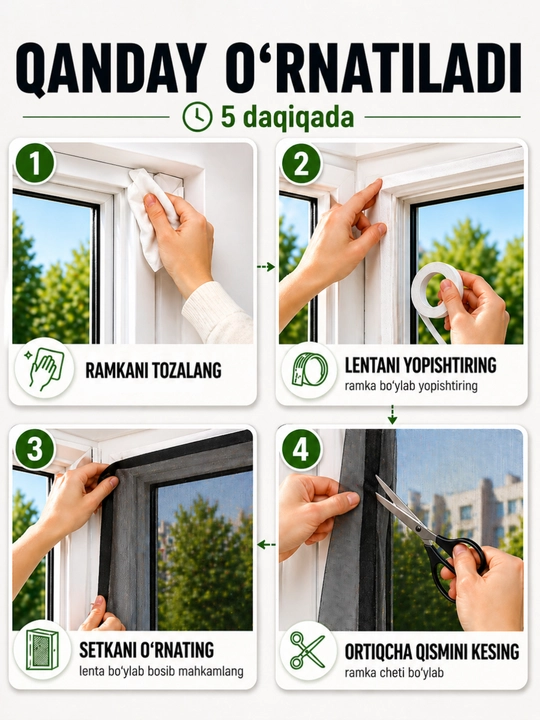 Oyna uchun lipuchkali (Velcro lentali) moskit setka, chivinlardan himoya setkasi DIY