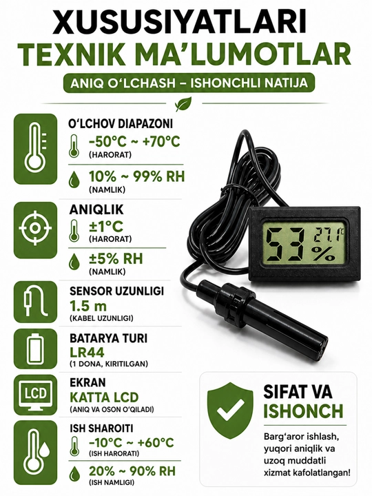 Raqamli termometr-gigrometr, harorat va namlik o‘lchagich,uy,issiqxona, inkubator uchun