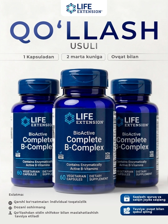 Life Extension B guruhi vitaminlarining to‘liq bioaktiv kompleksi 60 ta vegetarian kapsula
