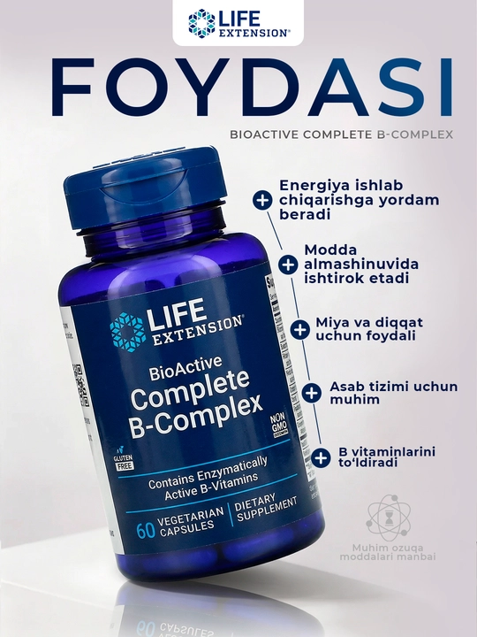 Life Extension B guruhi vitaminlarining to‘liq bioaktiv kompleksi 60 ta vegetarian kapsula