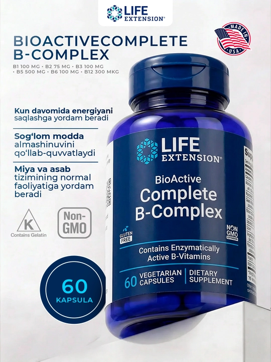 Life Extension B guruhi vitaminlarining to‘liq bioaktiv kompleksi 60 ta vegetarian kapsula