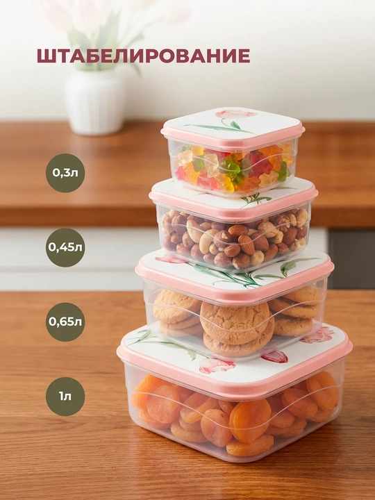 Комплект контейнеров для продуктов, с крышками, с декором, 3, 4, 5, 6 шт