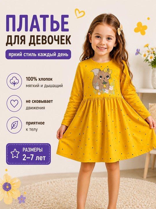 Qizlar uchun uzun yengli koylaklar 2 yoshdan 7 yoshgacha 100% paxta - 