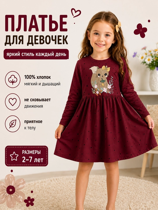 2 yoshdan 7 yoshgacha bo‘lgan qizlar uchun uzun yengli liboslar, 100% paxta - 