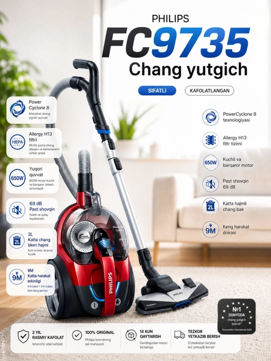 Philips FC9735 changyutgichi zamonaviy PowerCyclone 8 texnologiyasi bilan jihozlangan - 