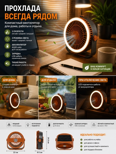Портативный вентилятор с LED подсветкой, аккумулятор, 3 скорости — KIDSMK-A