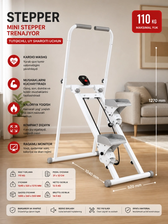 Mini stepper trenajyor tutqichli, uy uchun kompakt kardio trenajyor - 