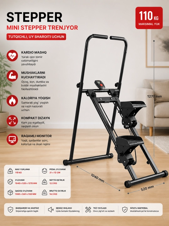 Mini stepper trenajyor tutqichli, uy uchun kompakt kardio trenajyor - 