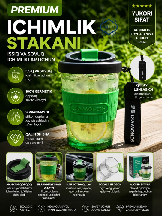 Trubochkali stakan, silikon qopqoq bilan, shisha stakan trubocha bilan, 350, 450, 500 ml - 